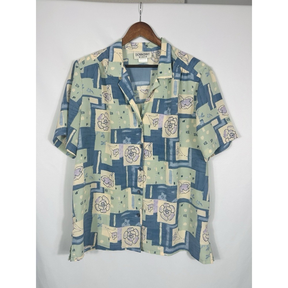 DonnKenny Womens 1X Button Up Blouse Patchwork Floral Short Sleeve Boho Retro